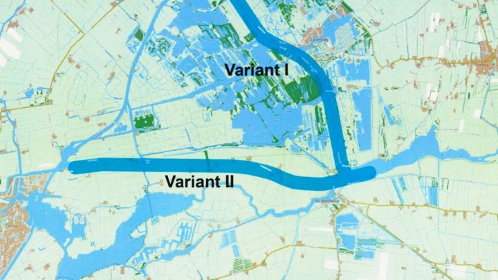 Variant II schetst een eventuele vaarweg naar Drachten, door De Burd en de Hegewarren.