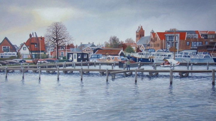 Het olieverfschilderij van Bunt (60x40) met overwinterende jachten in de GWS-haven.